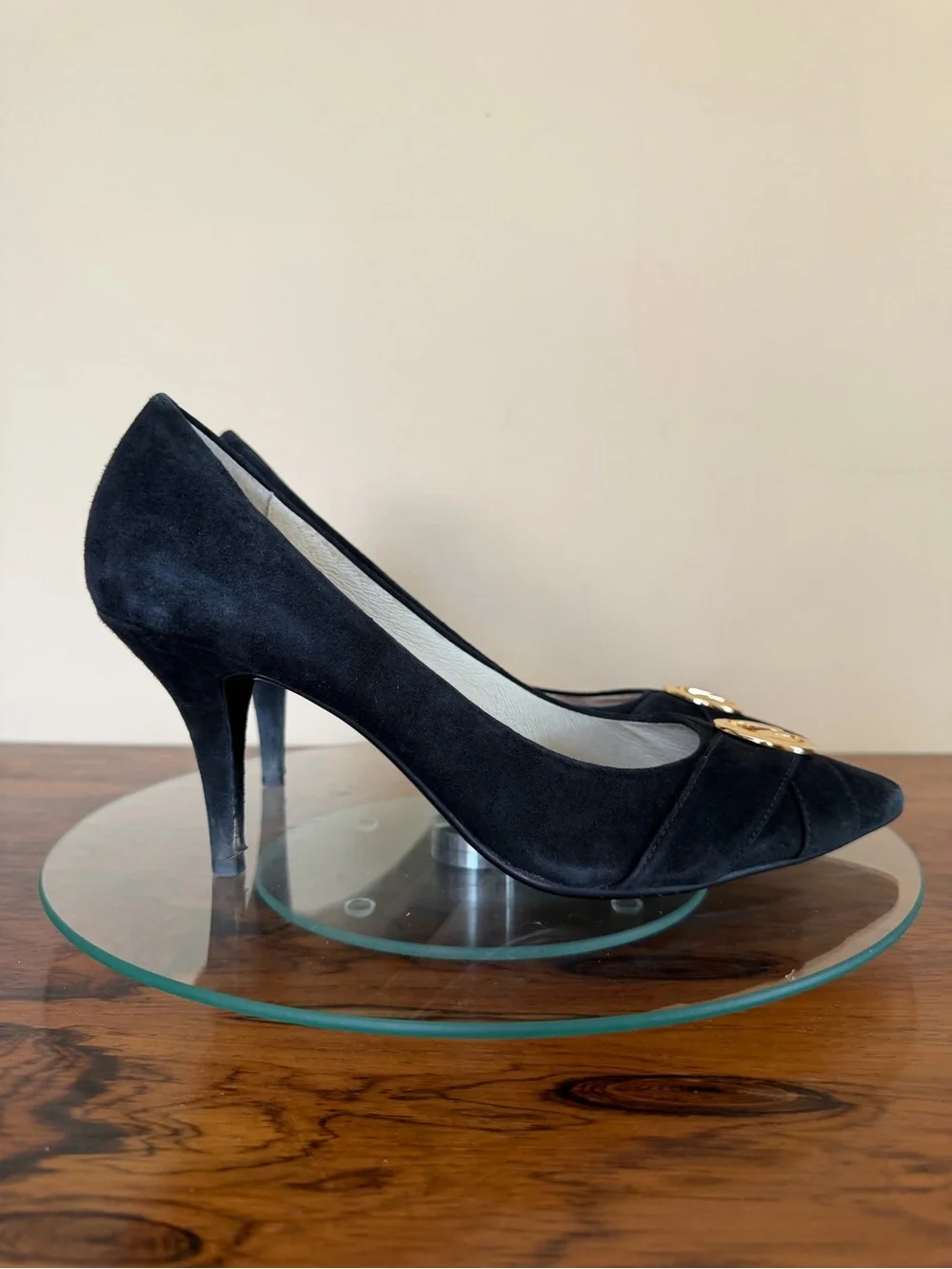 Michael Kors Caroline Black Suede Gold MK Logo Medallion Pointed Toe Pumps 9.5